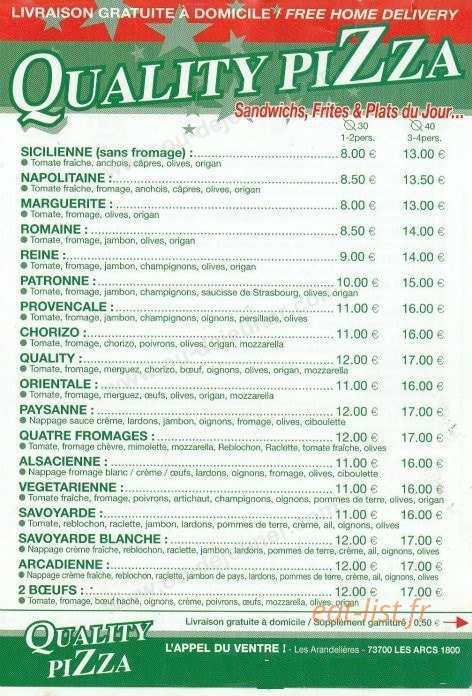 Quality Pizza — carte page 1