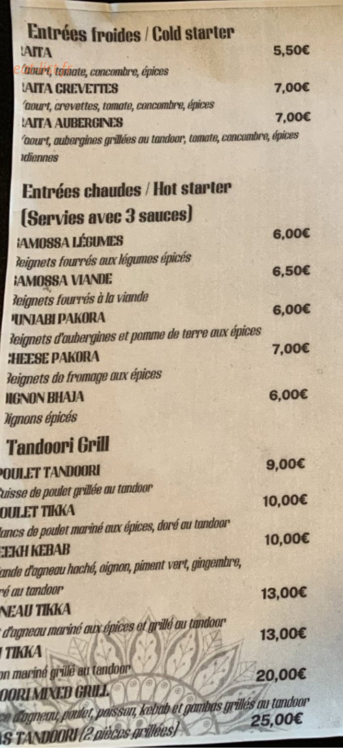 Kashmir Restaurant — carte page 1