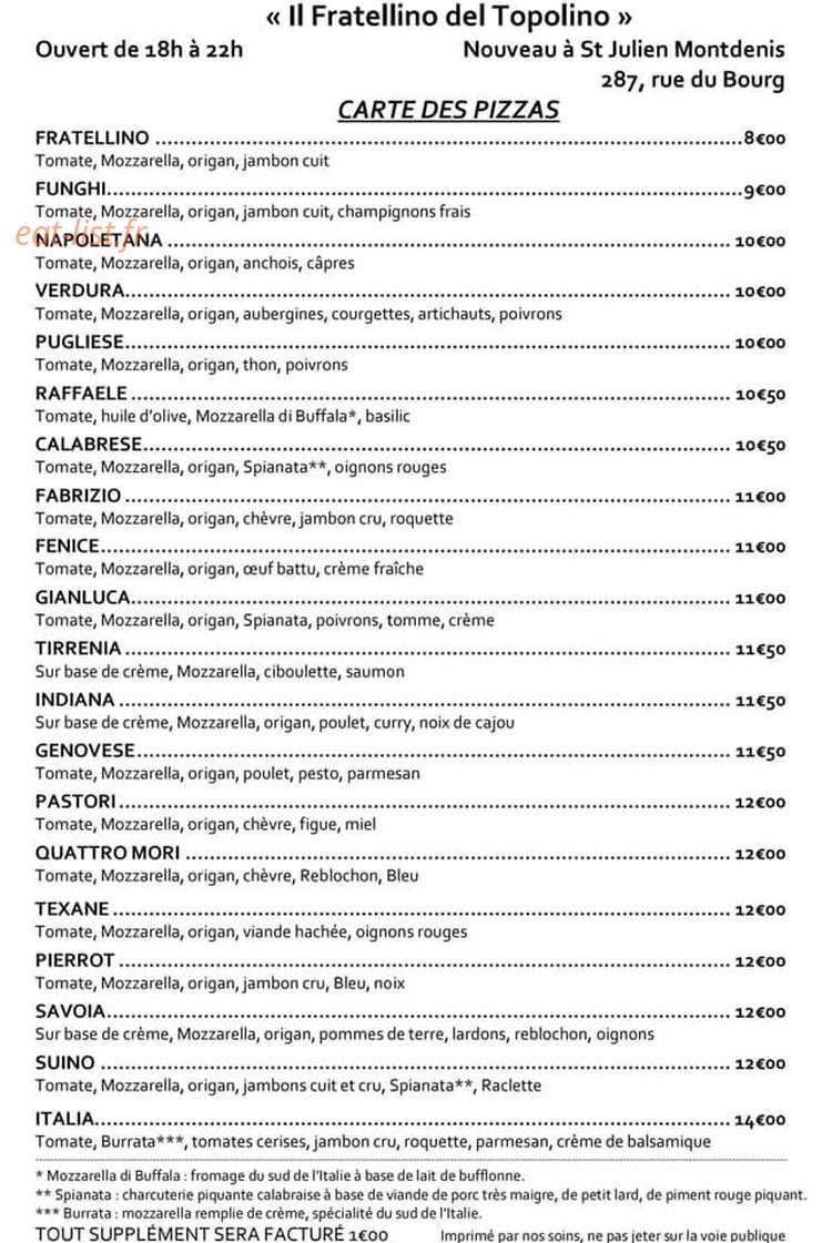 Carte et menu de Il fratellino del topolino à Saint Julien Mont Denis — Les pizzas