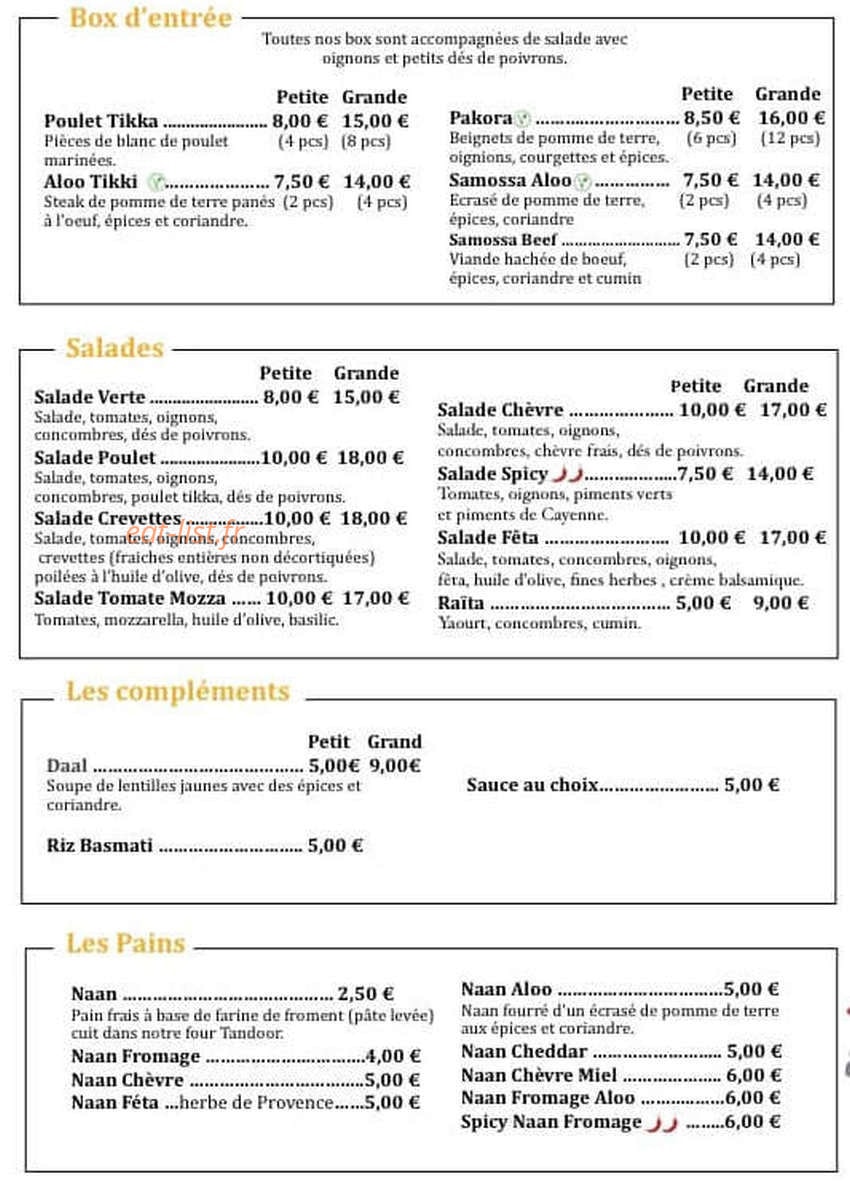 0’tandoori — carte page 1