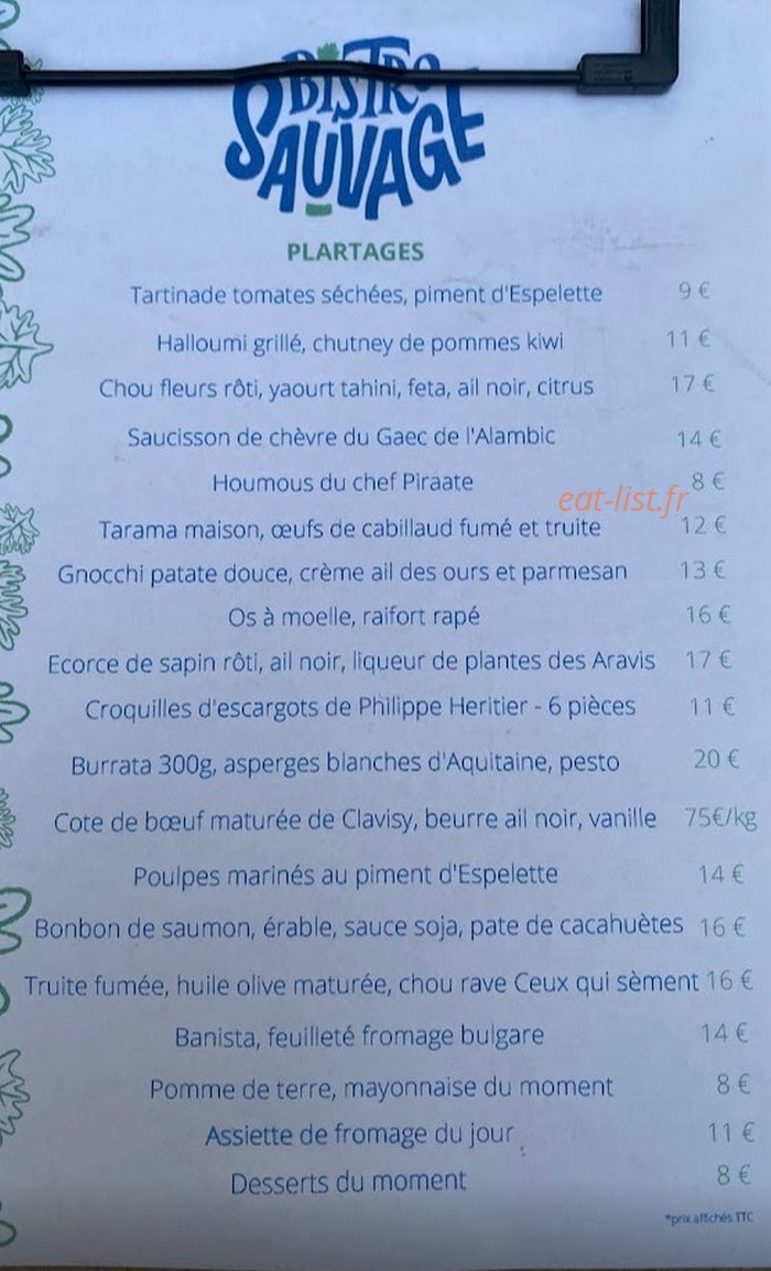 Bistro Sauvage — carte page 1