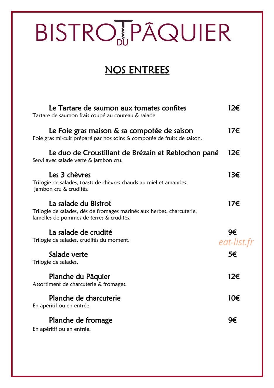 Bistrot du Paquier — carte page 1