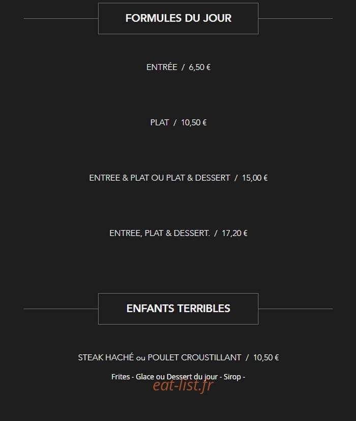 Carte et menu de Brasserie des Artistes à Annecy — Les formules du jour, enfants terribles