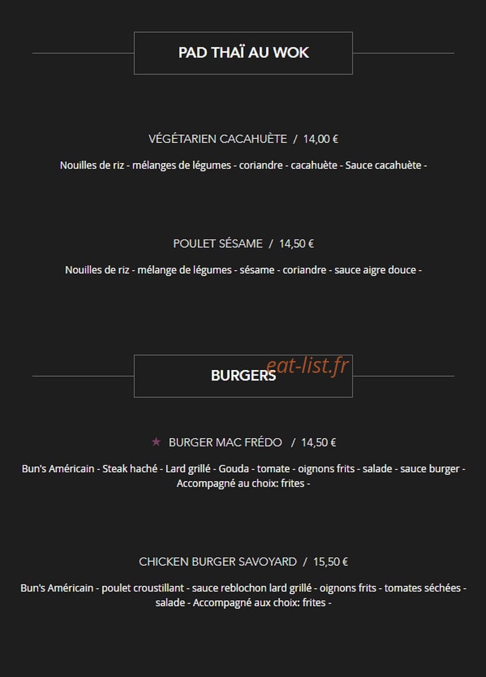 Carte et menu de Brasserie des Artistes à Annecy — Les pad thaï au wok, burgers