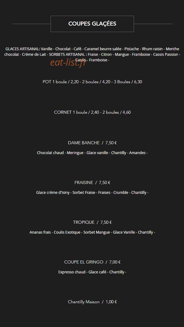 Carte et menu de Brasserie des Artistes à Annecy — Les coupes glacées