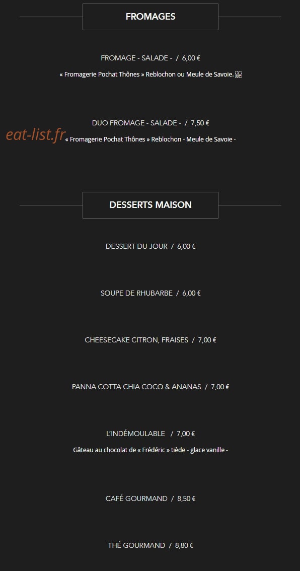 Carte et menu de Brasserie des Artistes à Annecy — Les fromages, desserts maison