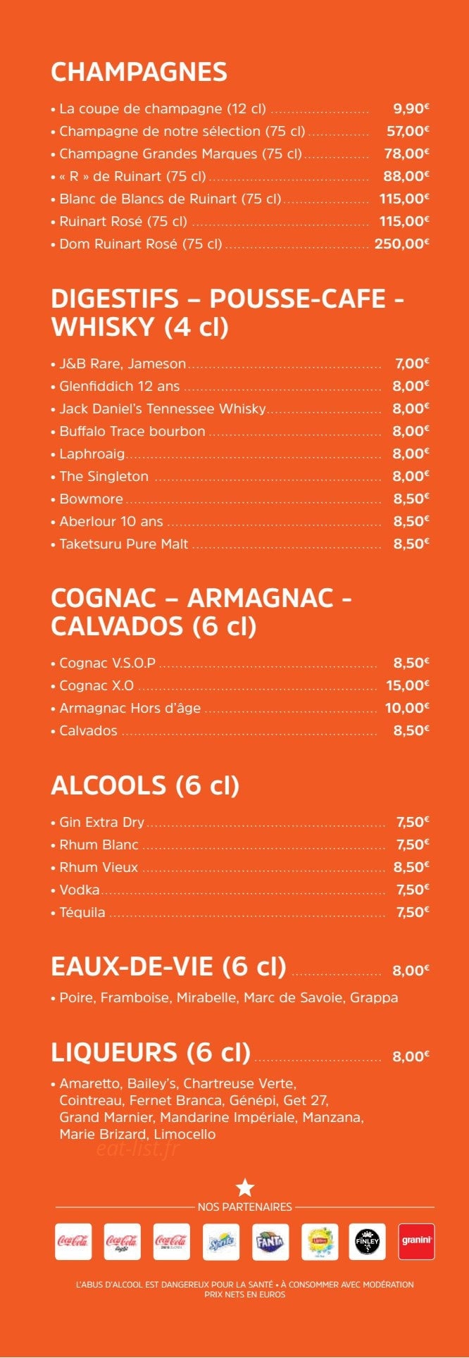 Carte et menu de Brasserie des Européens à Annecy — Les champagnes, digestifs, whisky...