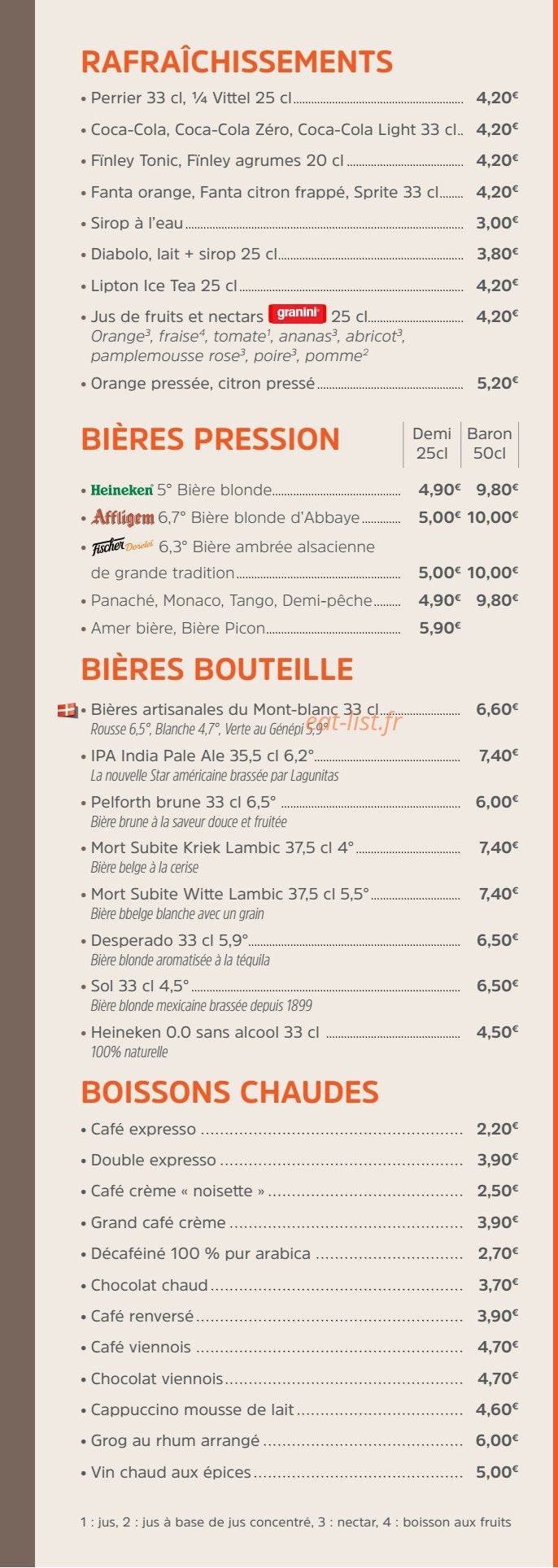 Carte et menu de Brasserie des Européens à Annecy — Les boissons fraîches, bières et boissons chaudes