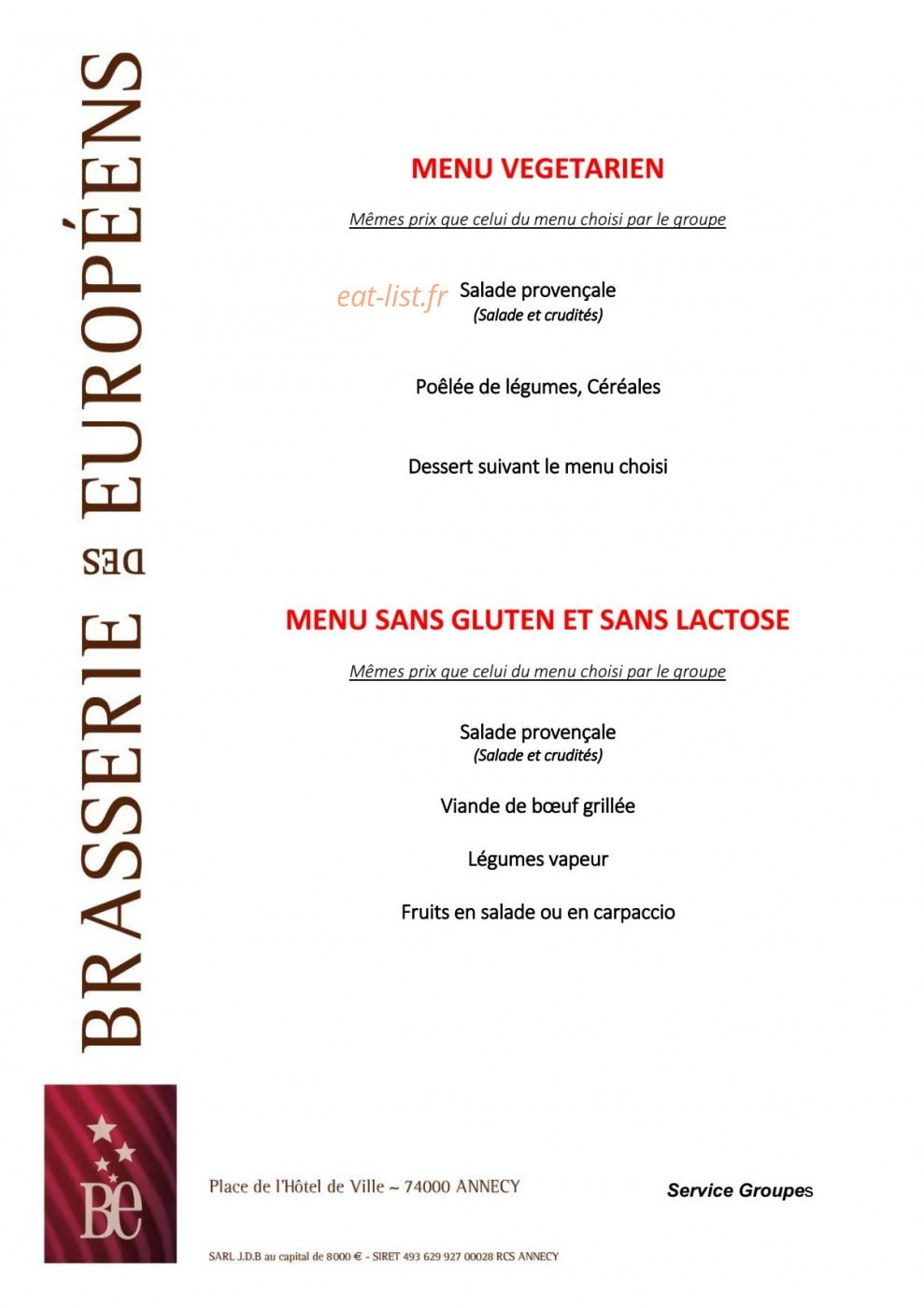 Carte et menu de Brasserie des Européens à Annecy — Les menus régime