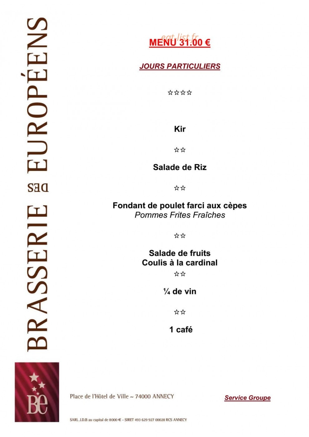 Carte et menu de Brasserie des Européens à Annecy — Le menu à 31€