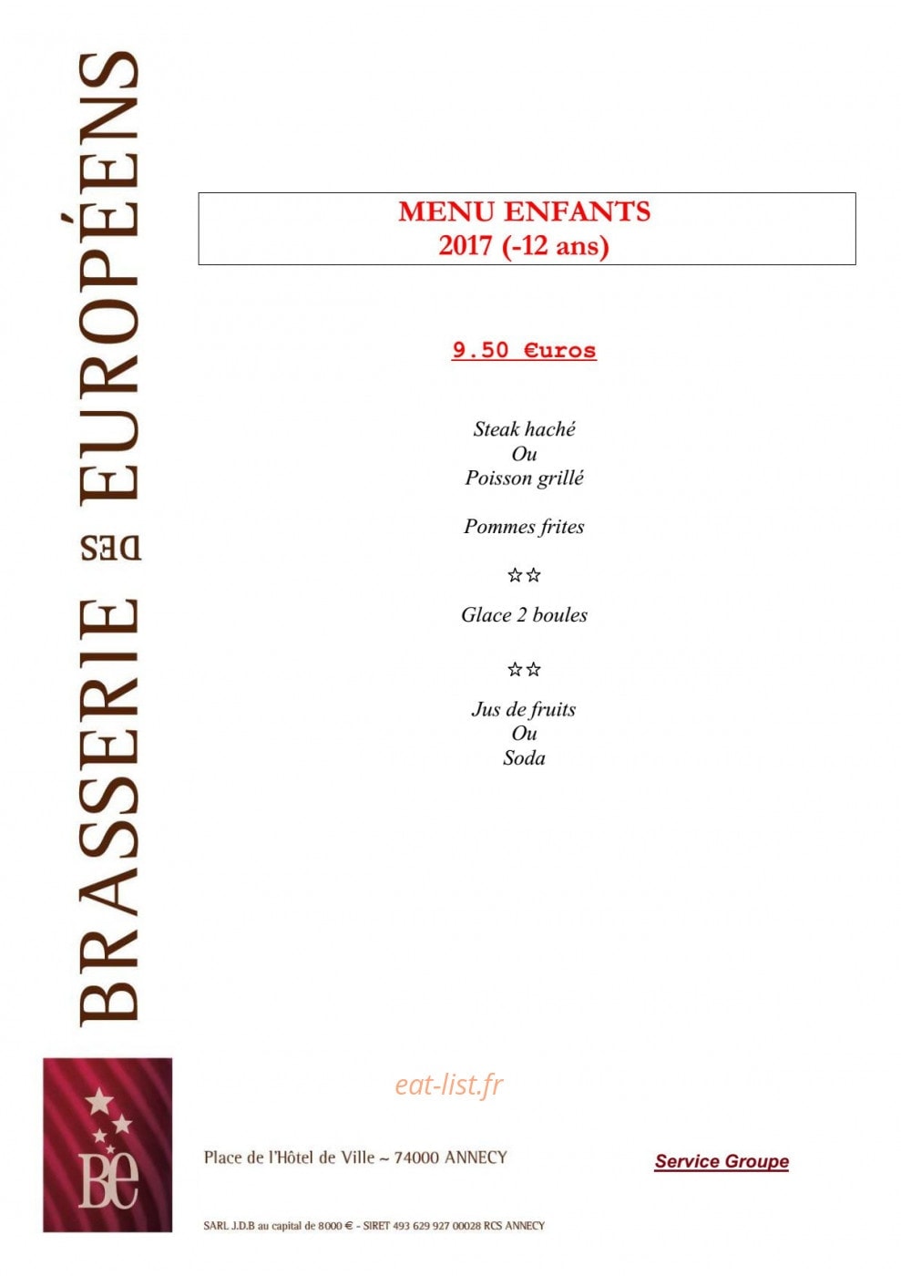 Carte et menu de Brasserie des Européens à Annecy — Le menu enfants