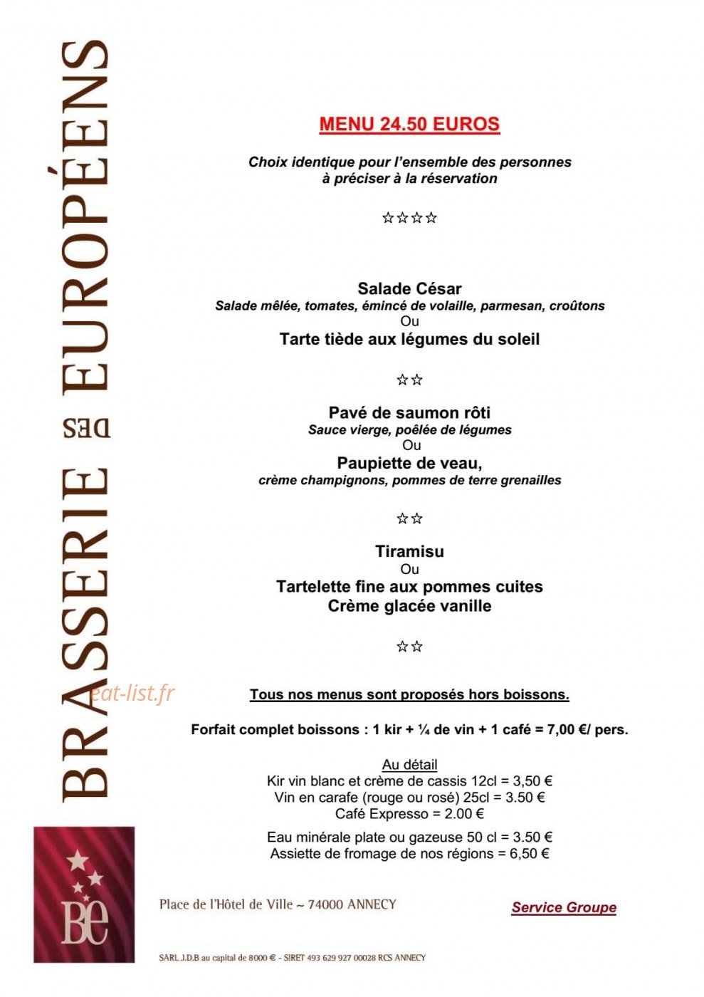 Carte et menu de Brasserie des Européens à Annecy — Le menu à 24,5€
