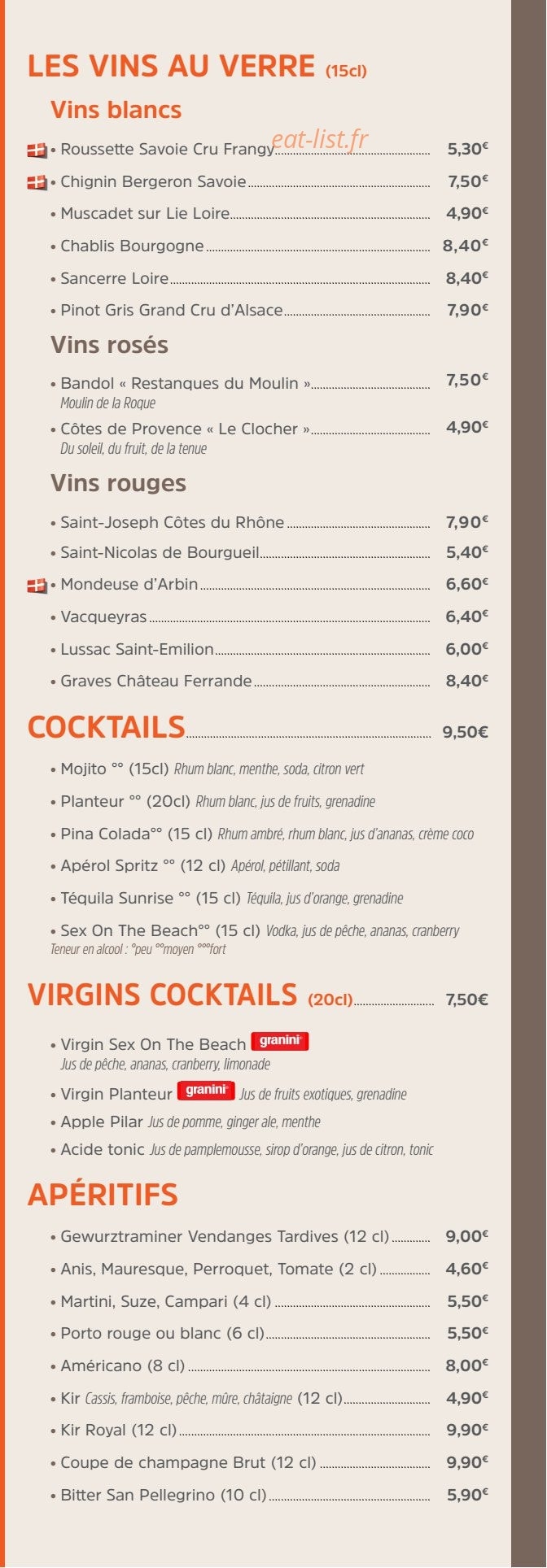 Carte et menu de Brasserie des Européens à Annecy — Les vins, cocktails et apéitifs