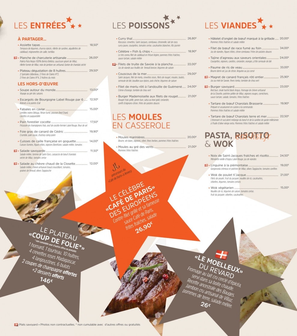 Carte et menu de Brasserie des Européens à Annecy — Les entrées, poissons, moules...