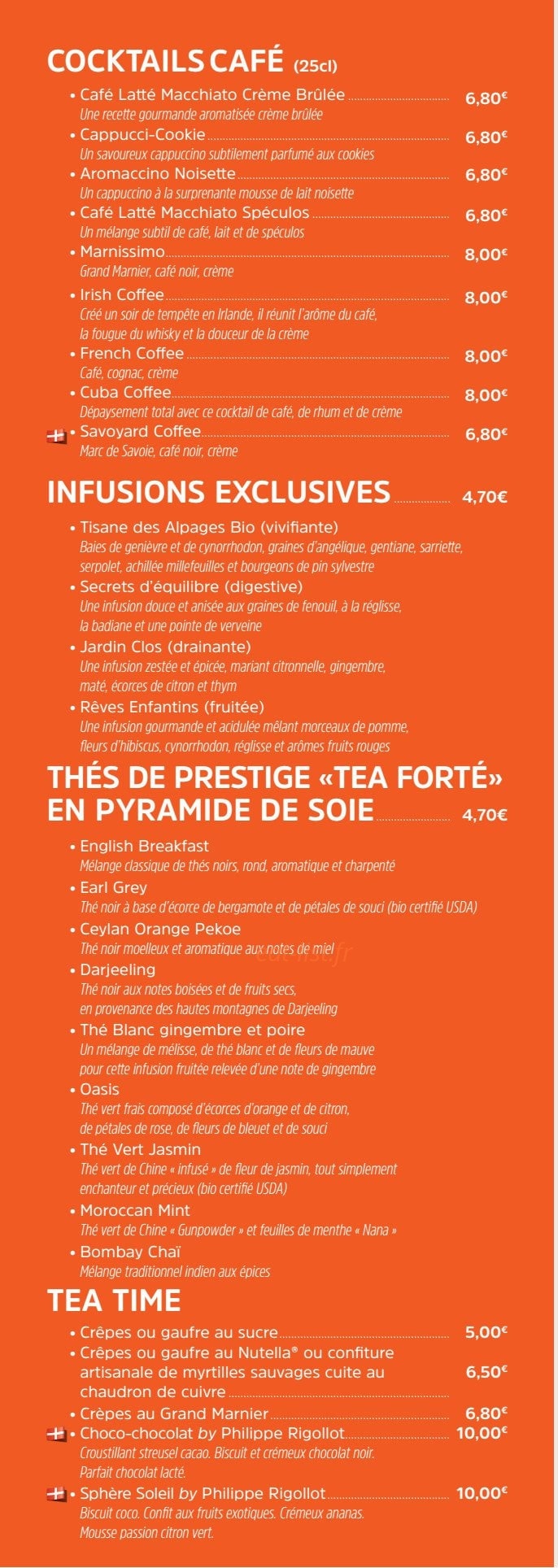 Carte et menu de Brasserie des Européens à Annecy — Les cocktails café, infusion et thés
