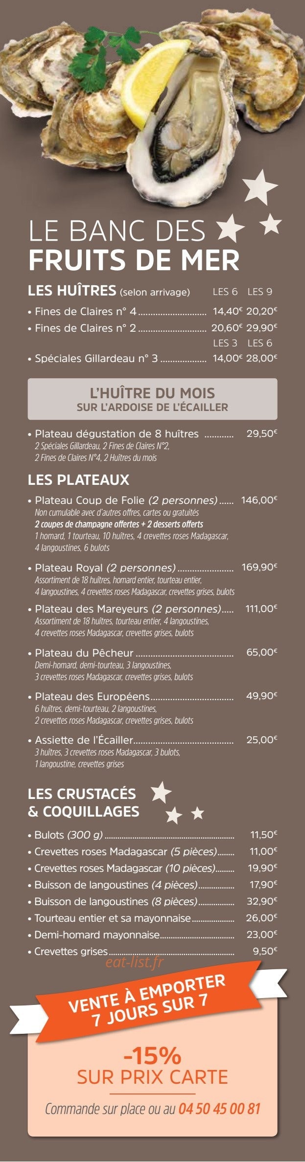 Carte et menu de Brasserie des Européens à Annecy — Le banc des fruits de mer