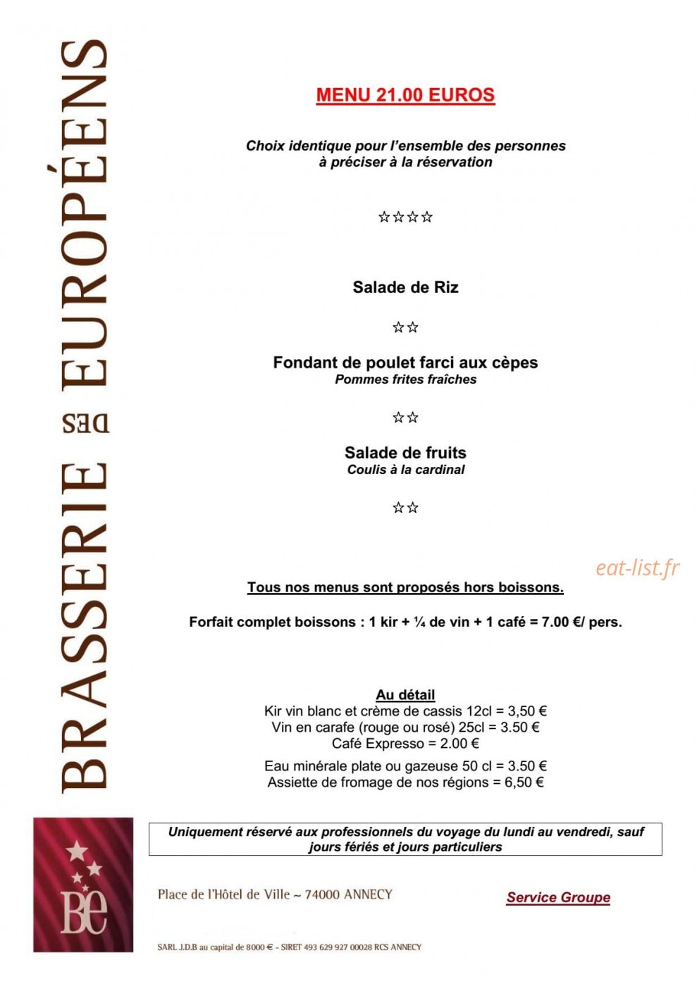Carte et menu de Brasserie des Européens à Annecy — Le menu à 21€