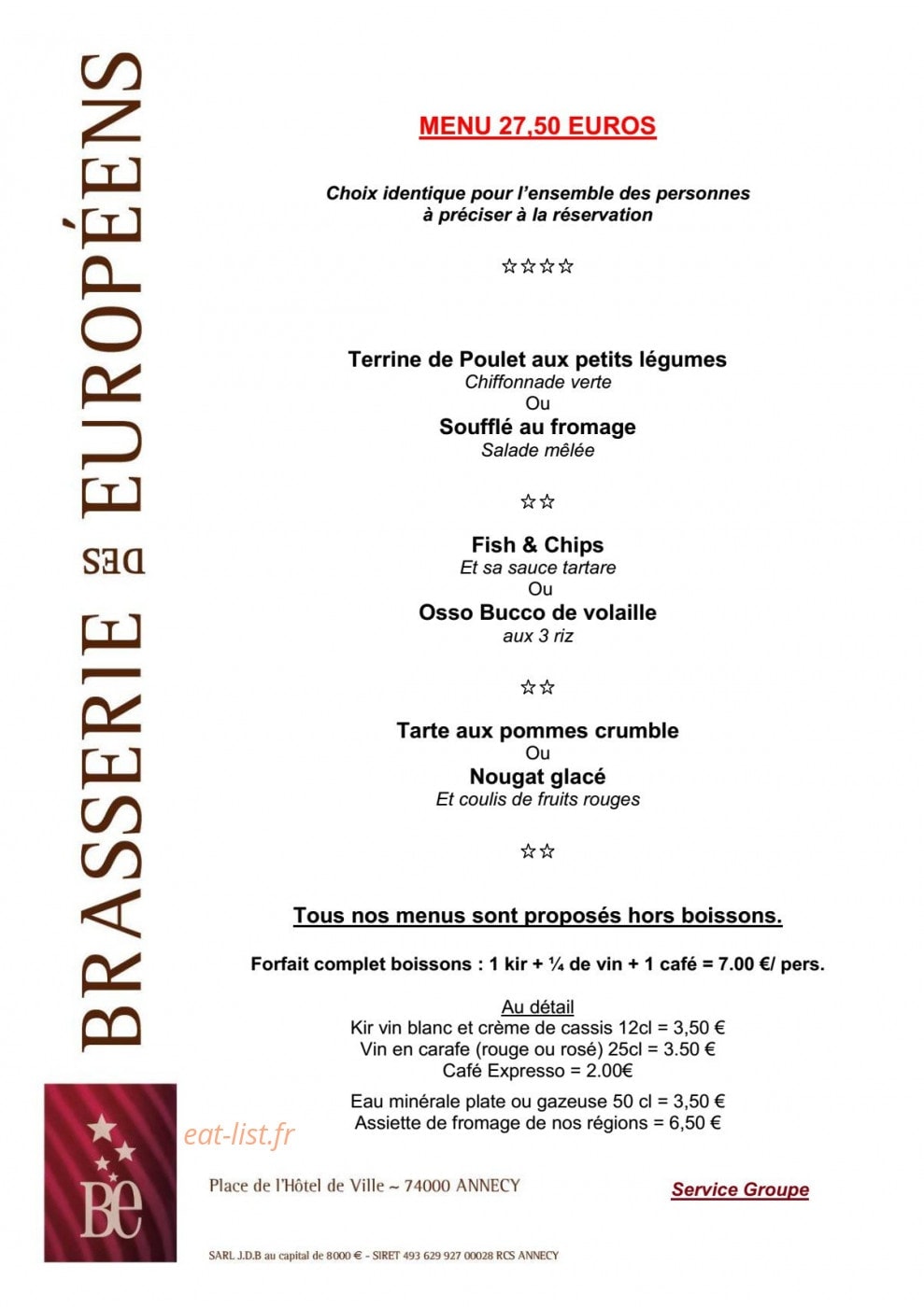 Carte et menu de Brasserie des Européens à Annecy — Le menu à 27,5€