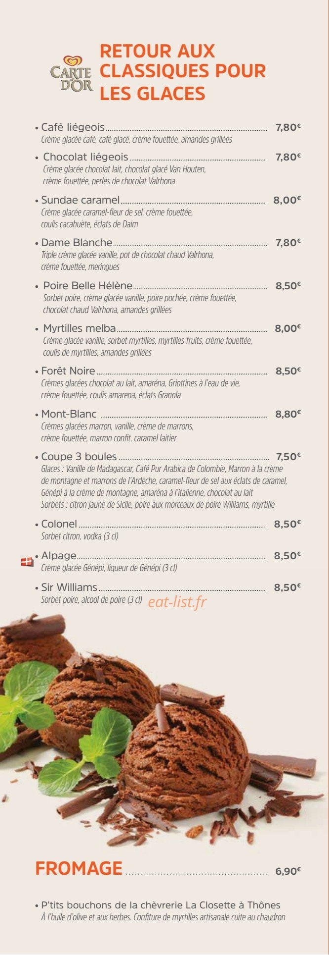 Carte et menu de Brasserie des Européens à Annecy — Les glaces et fromage