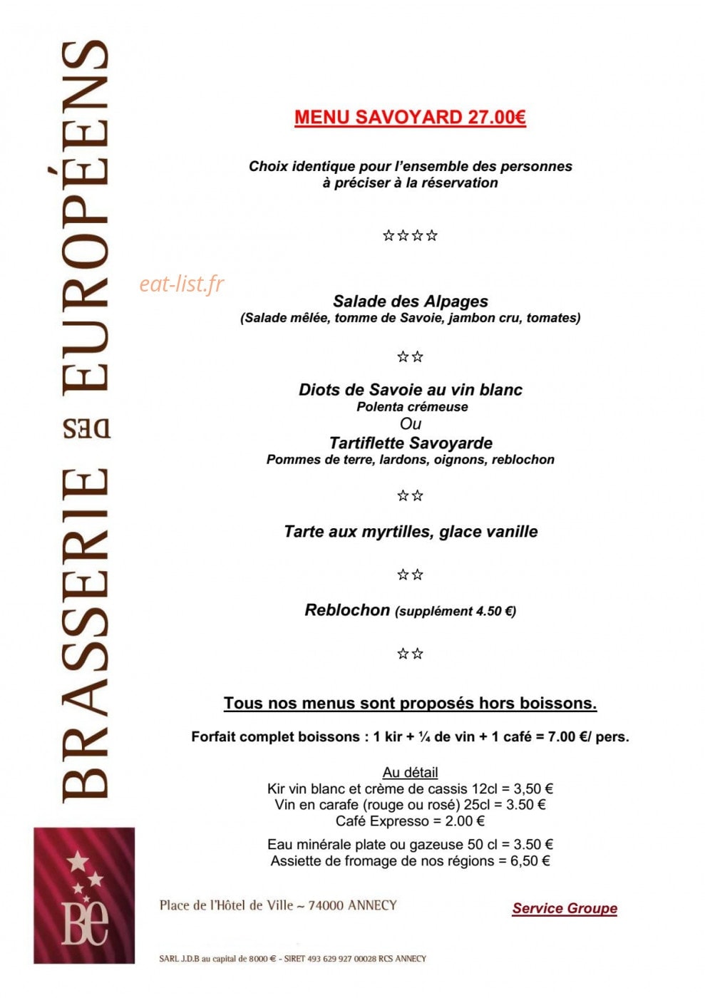 Carte et menu de Brasserie des Européens à Annecy — Le menu à 27€