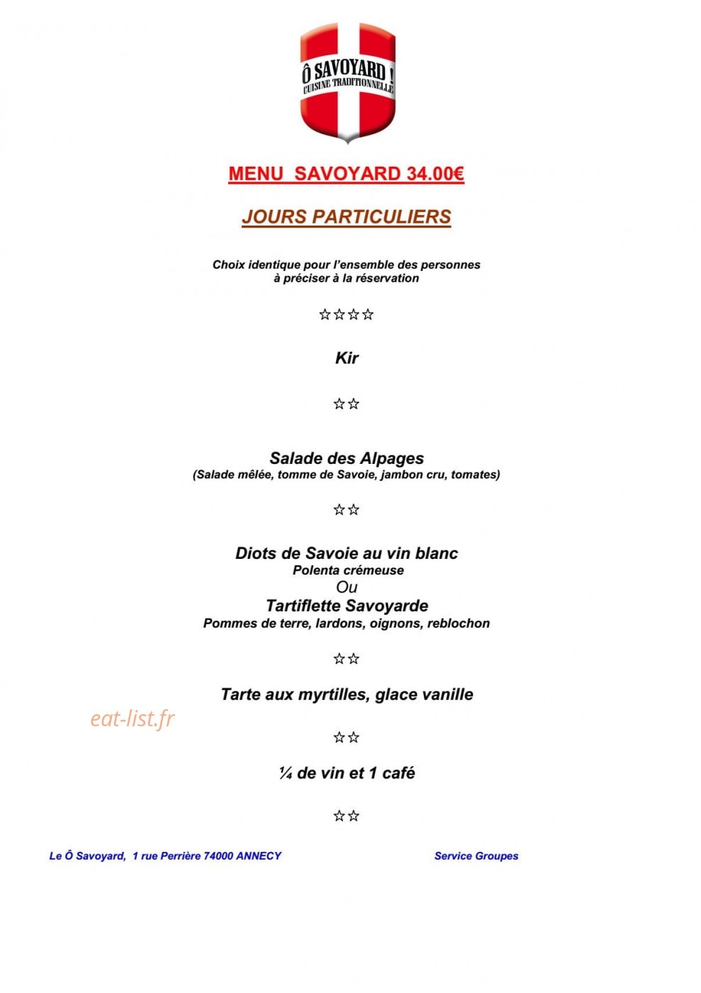 Carte et menu de Brasserie des Européens à Annecy — Le menu à 34€