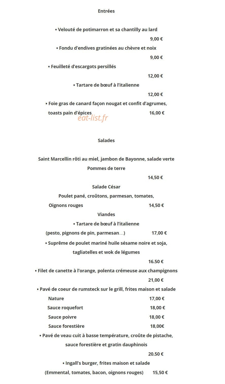 Chez Ingall's — carte page 1