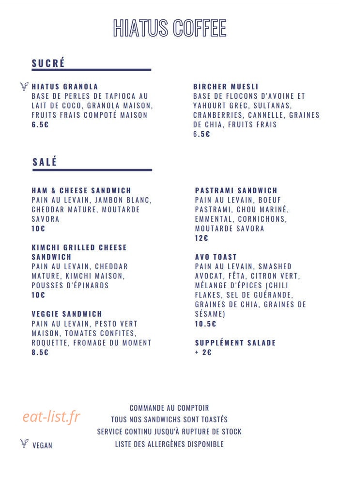 Hiatus Coffee — carte page 1