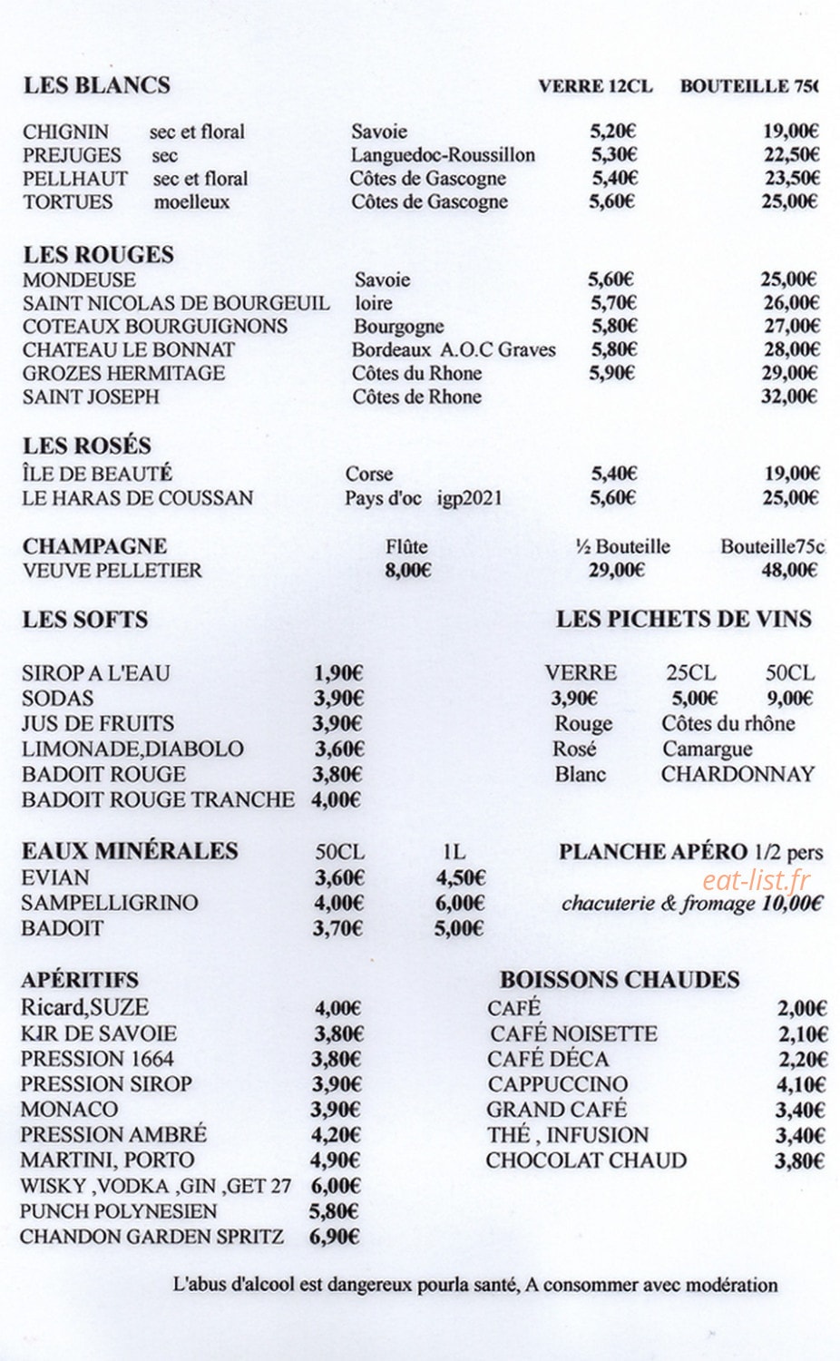 Carte et menu de Jardin sur Court à Annecy — Les boissons