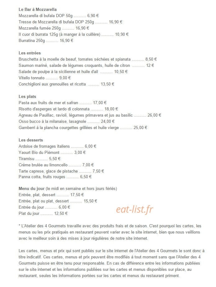 Carte et menu de L'Atelier des 4 Gourmets à Annecy — La carte