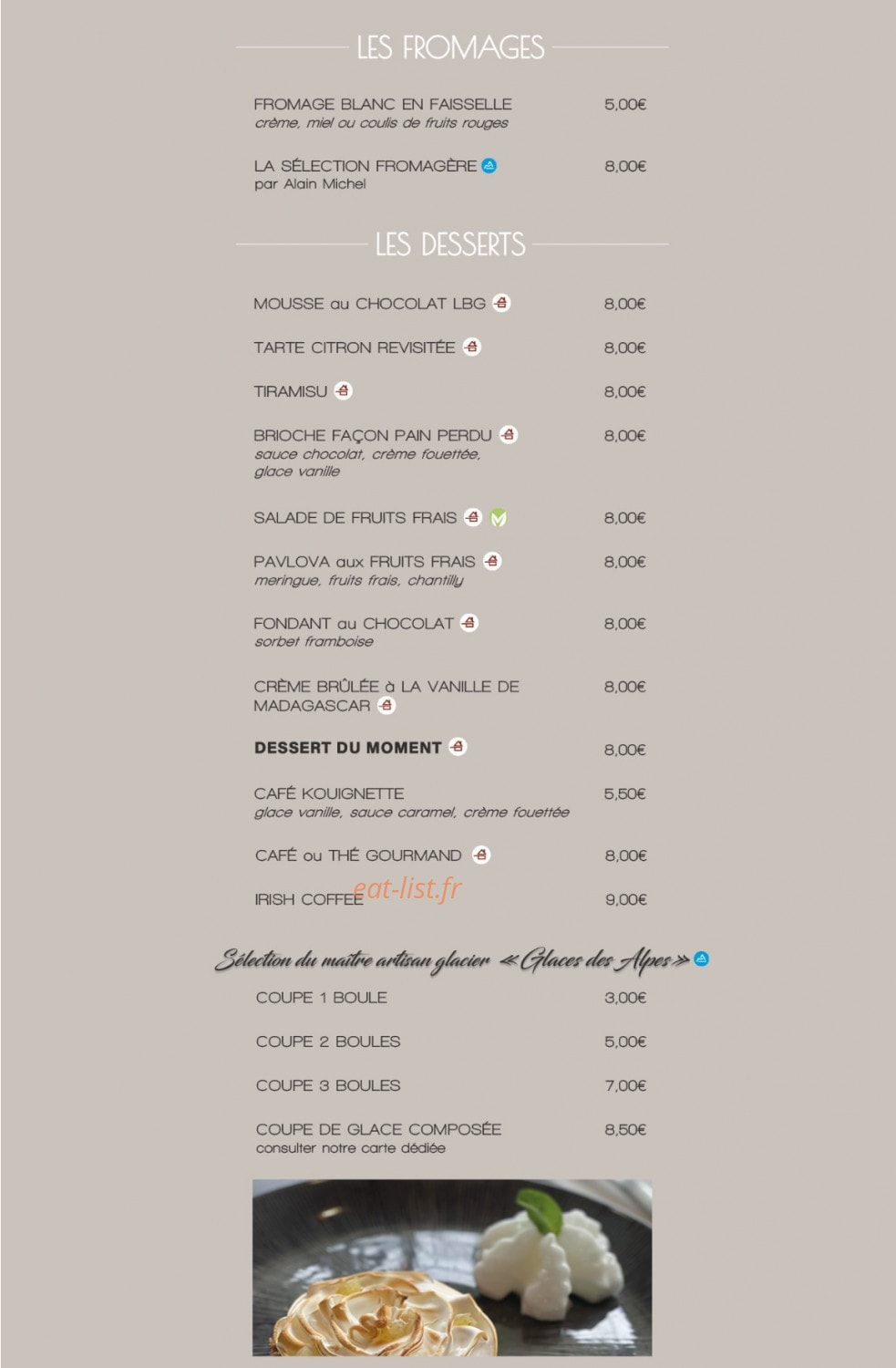 Carte et menu de La Brasserie Gourmande à Annecy — Les fromages et desserts