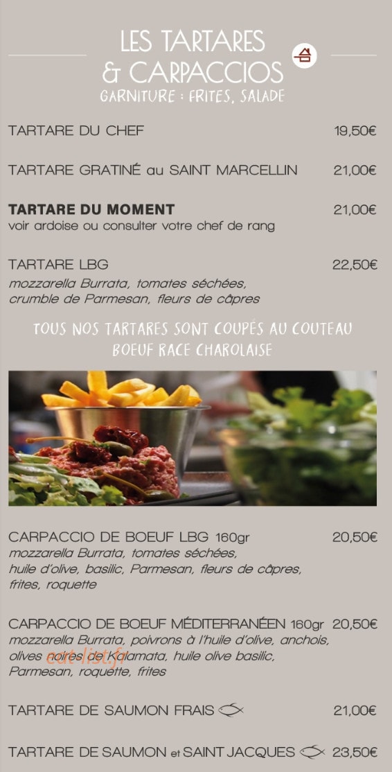 Carte et menu de La Brasserie Gourmande à Annecy — Les tartares et carpaccios