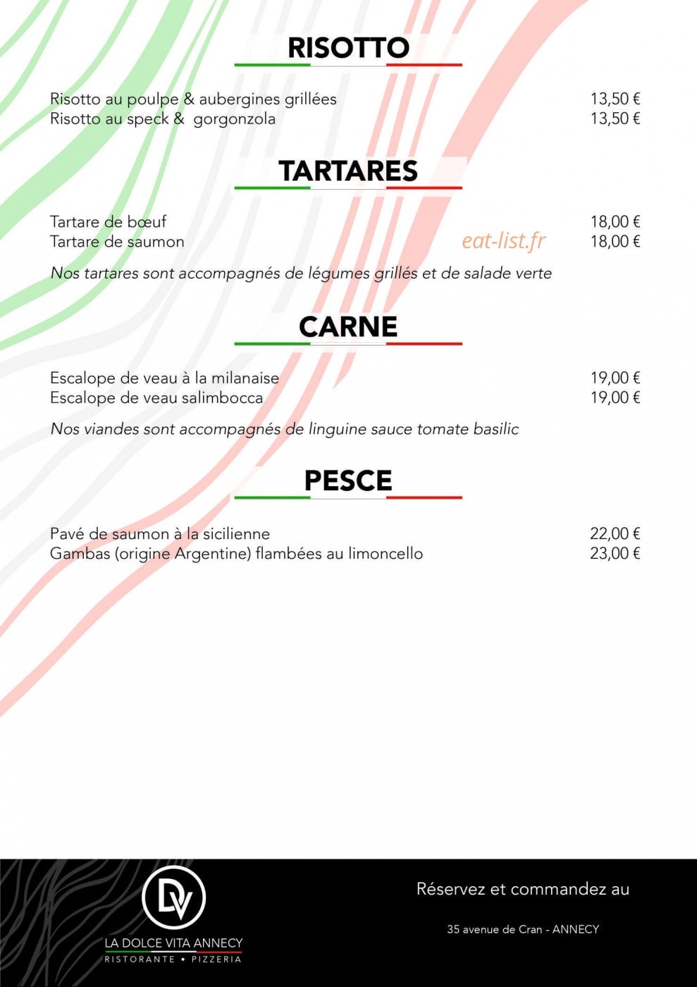 Carte et menu de La Dolce vita Annecy à Annecy — risotto tartares carne pesce