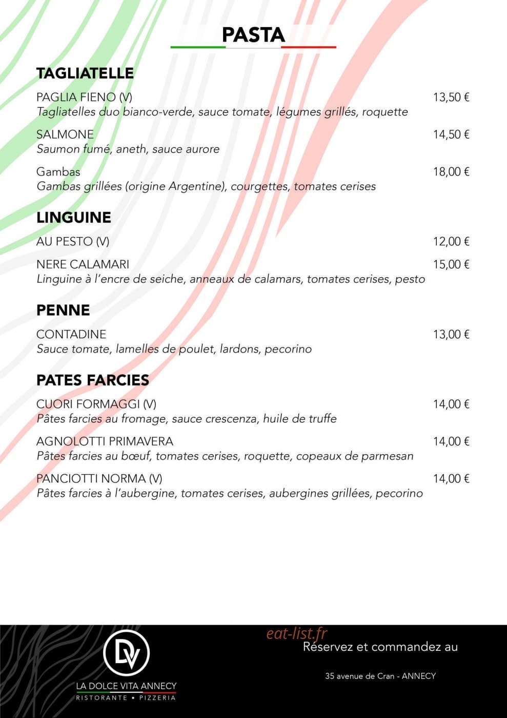 Carte et menu de La Dolce vita Annecy à Annecy — pasta