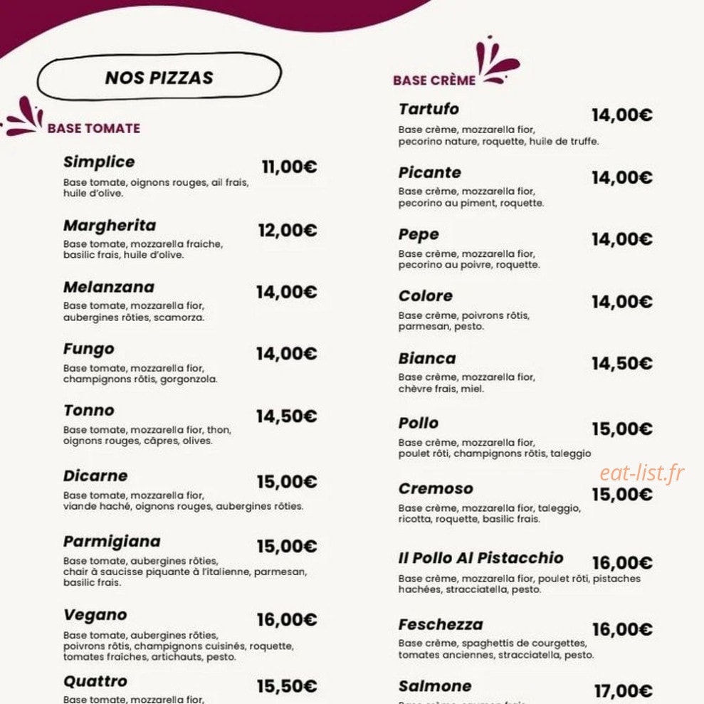 Carte et menu de La Piccolina sicilia à Annecy — Les pizzas