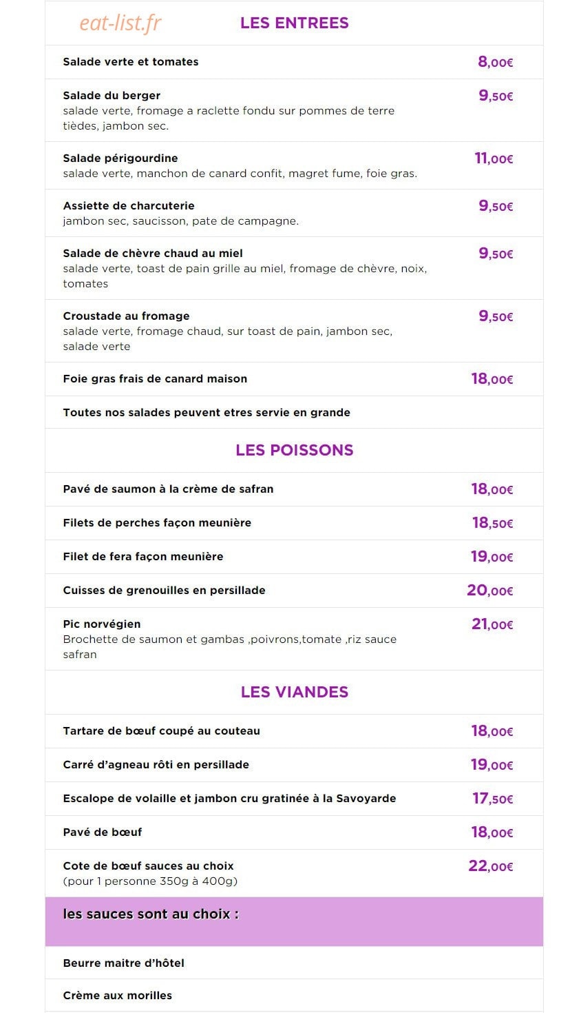 Carte et menu de La Rotisserie Du Thiou à Annecy — Entrées, poissons et viandes