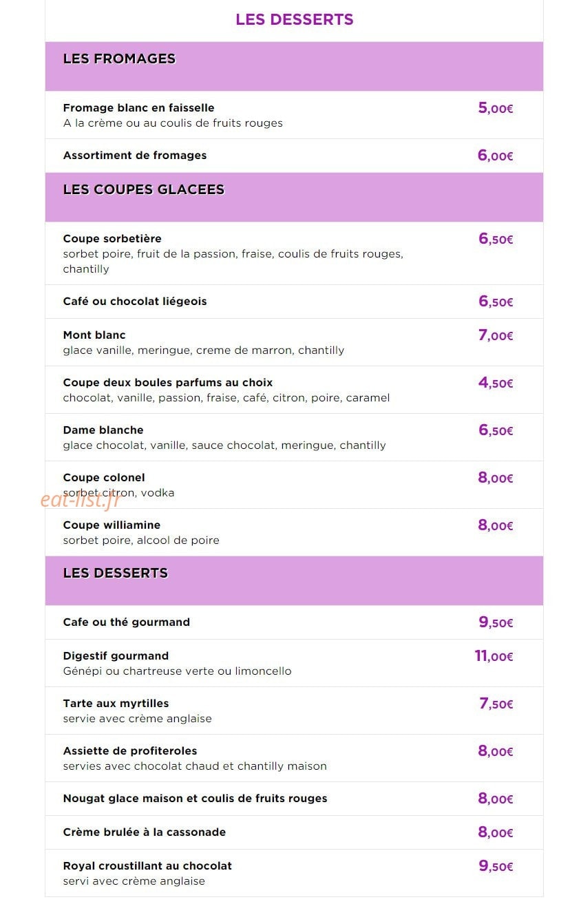 Carte et menu de La Rotisserie Du Thiou à Annecy — Desserts
