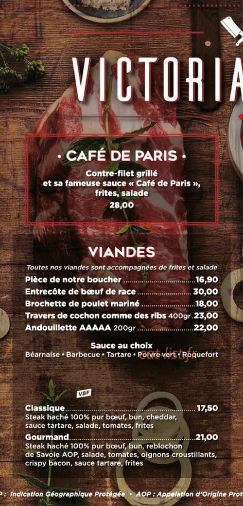 Carte et menu de Victoria's Grill à Etrembieres — Les viandes