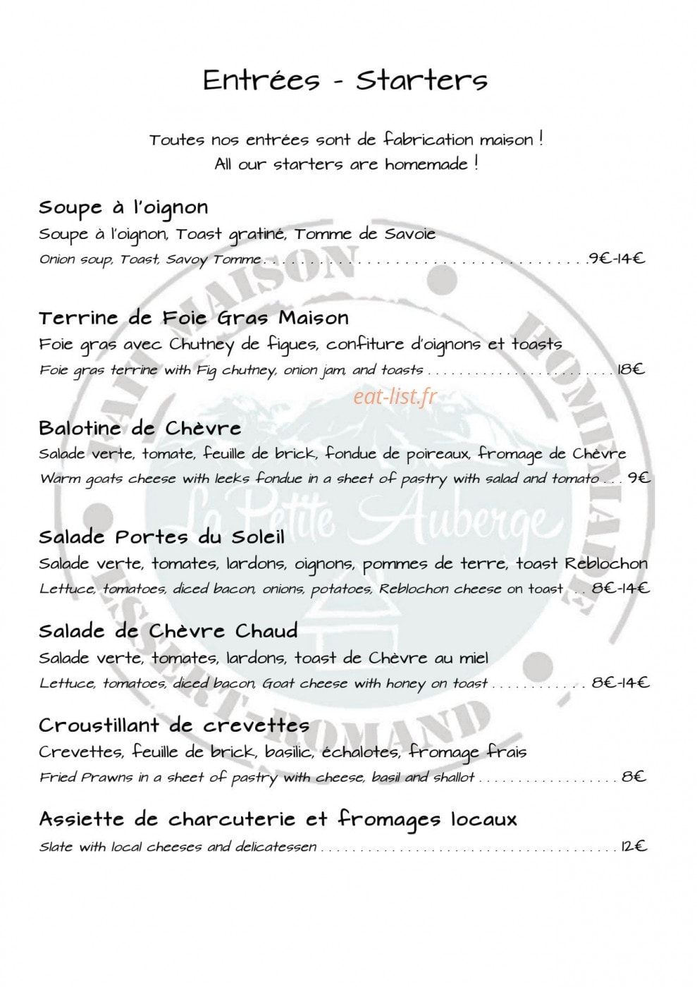 La Petite Auberge — carte page 1