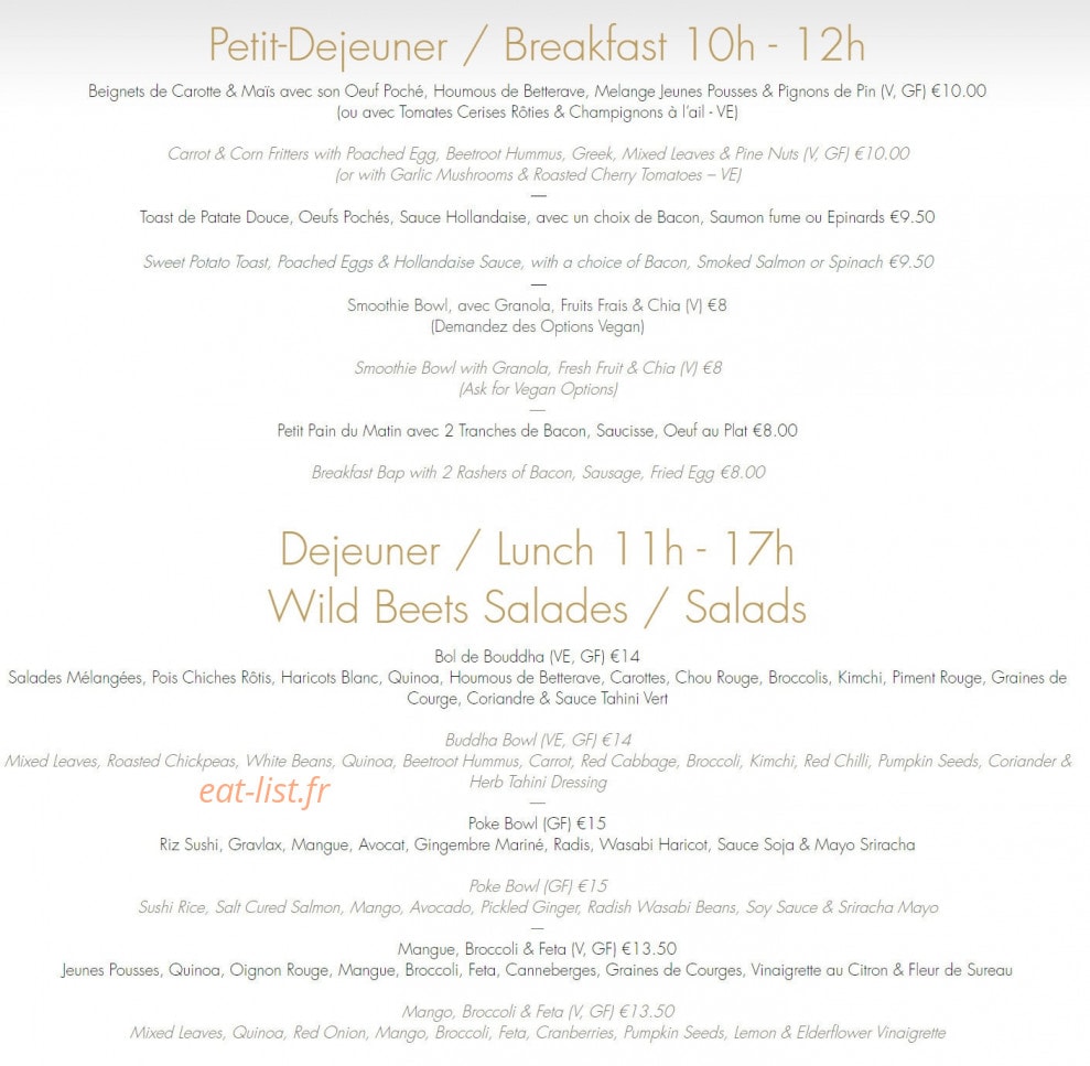 Wild Beets Kitchen — carte page 1