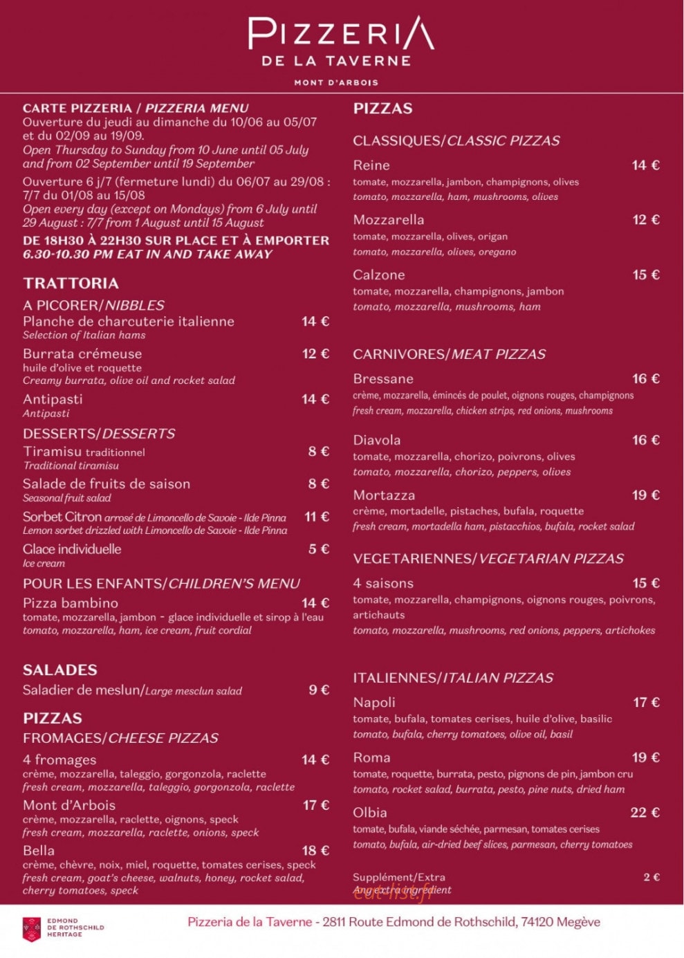 Carte et menu de la Pizzeria de la Taverne à Megeve — Les pizzas et salades