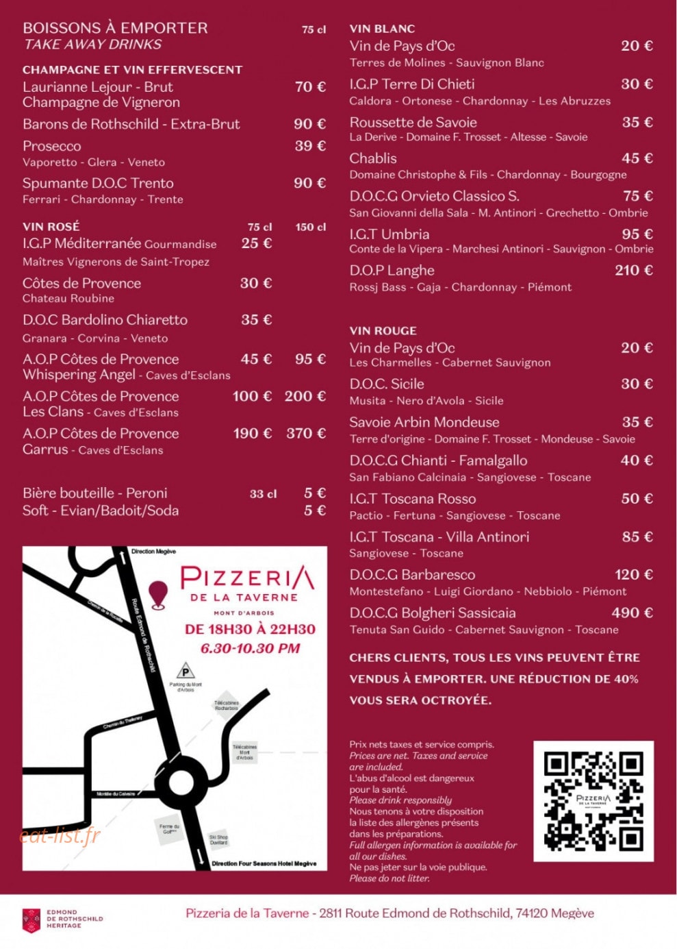 Carte et menu de la Pizzeria de la Taverne à Megeve — Les boissons