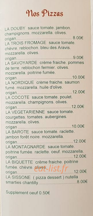 Carte et menu de Le baroté des Alpes à Le Petit Bornand les Glie — Les pizzas