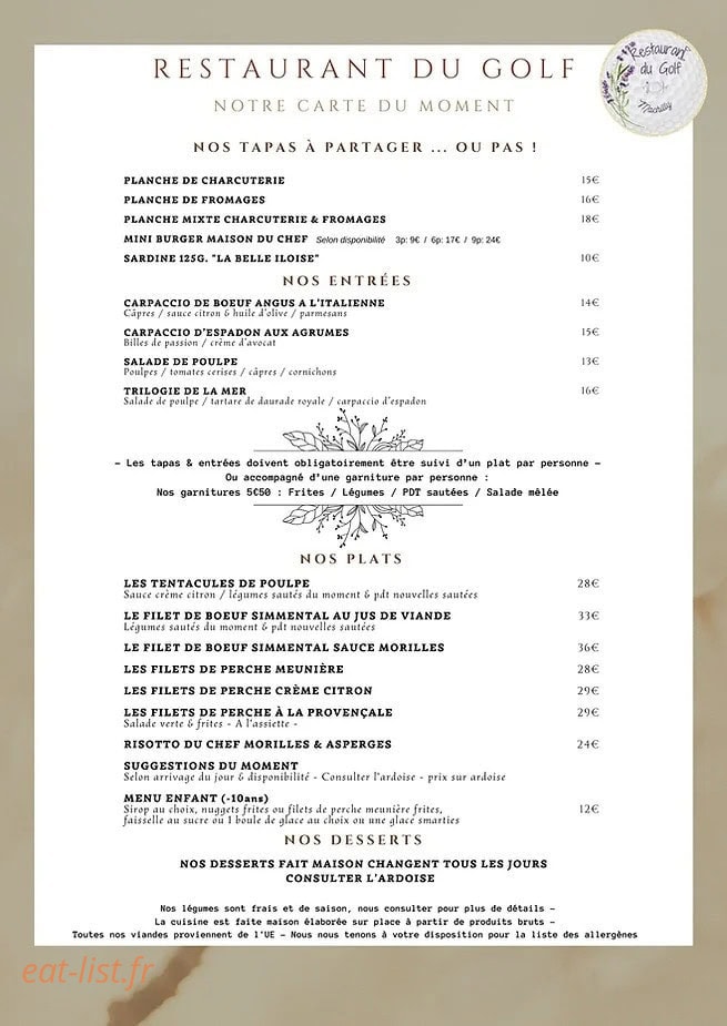 Restaurant du Golf — carte page 1
