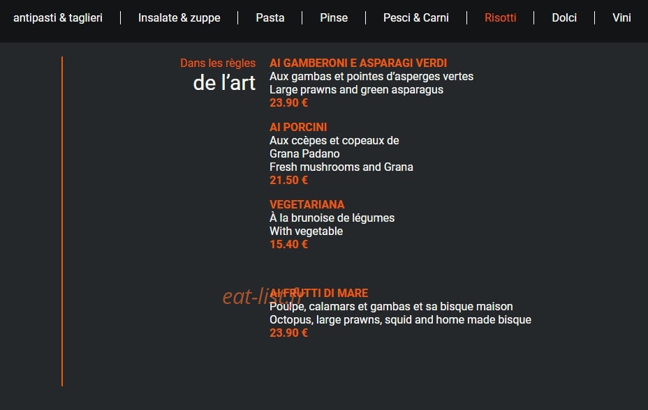 Carte et menu de Zaino ristorante à Saint Cergues — Les risotti