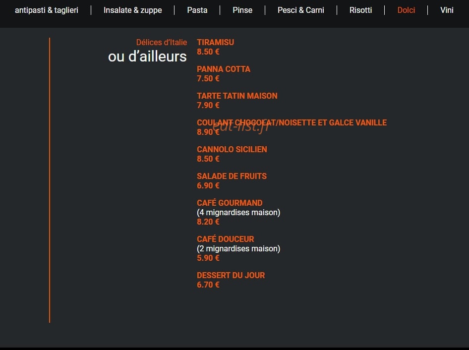 Carte et menu de Zaino ristorante à Saint Cergues — Les dolci