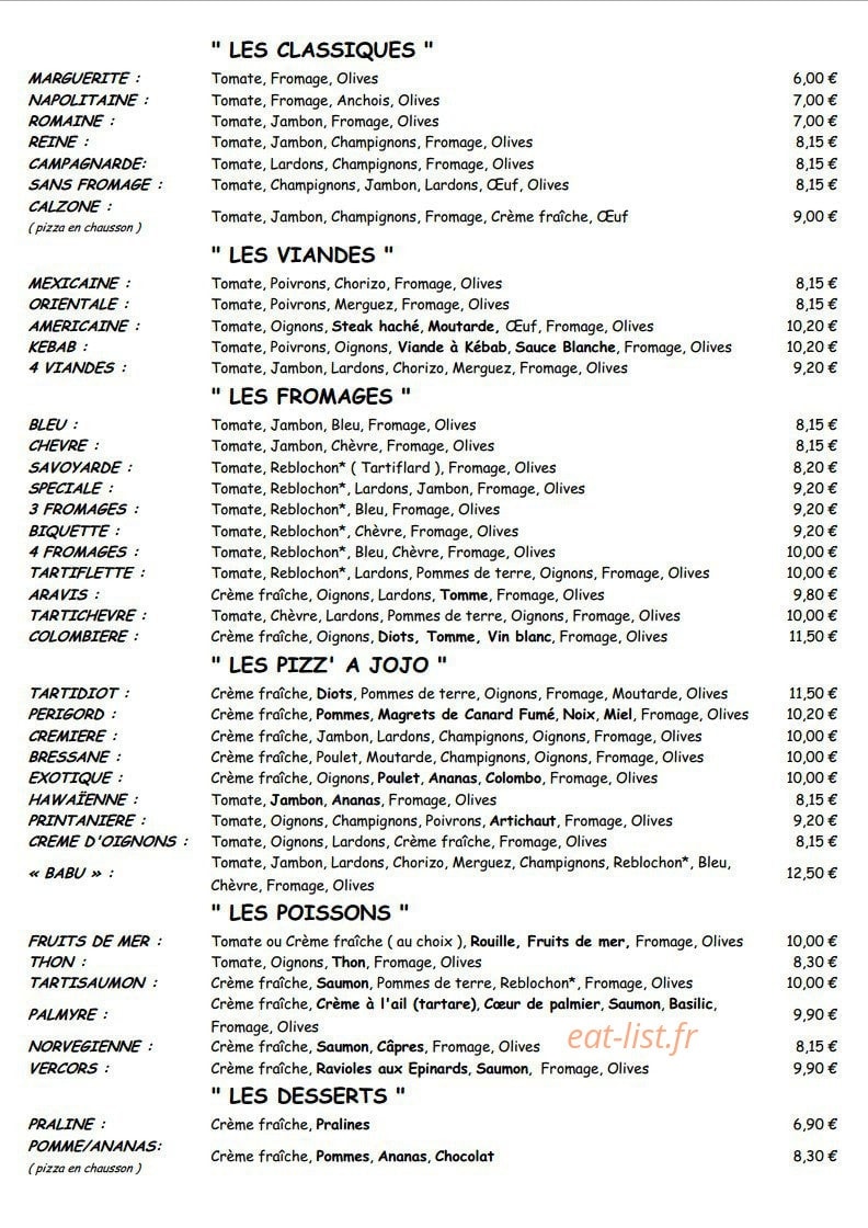 Pizza jojo — carte page 1