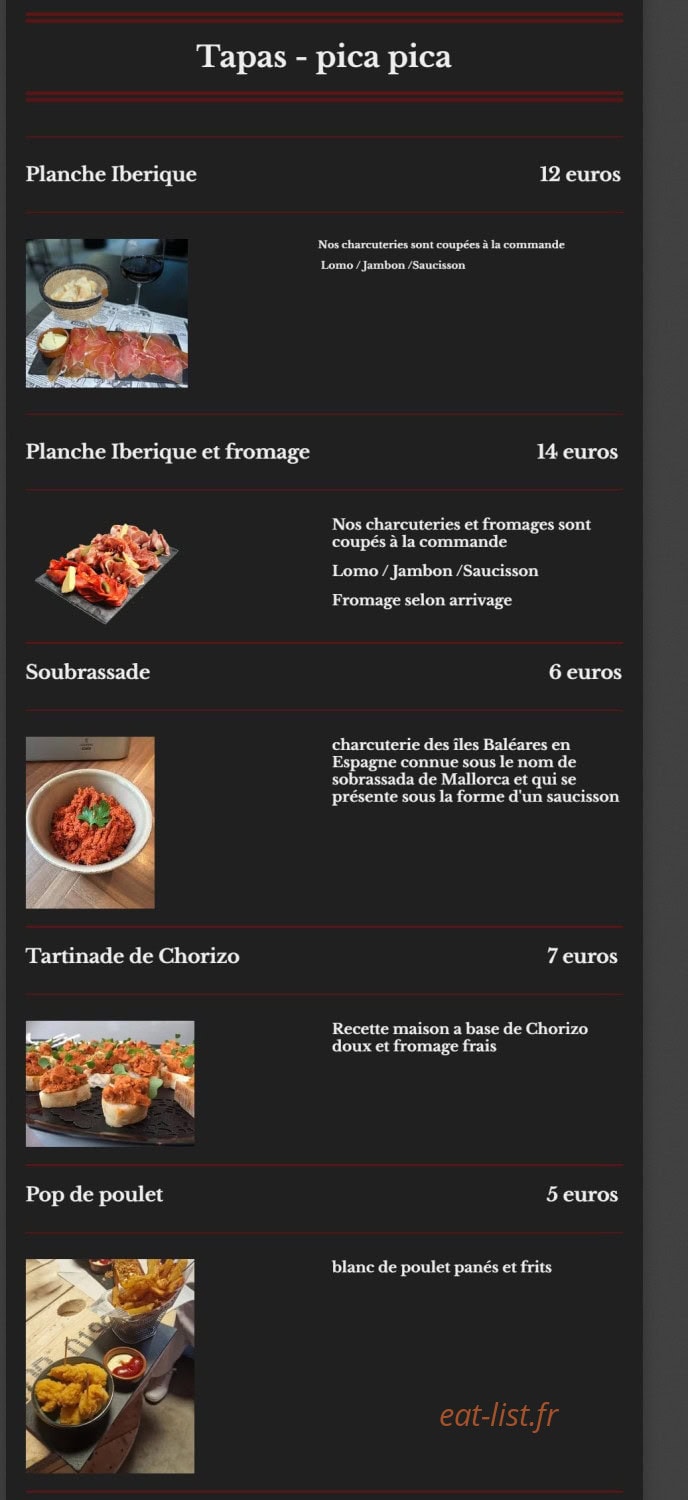 Carte et menu de L'Estrella Sous Salève à Collonges sur Saleve — Les tapas - pica pica