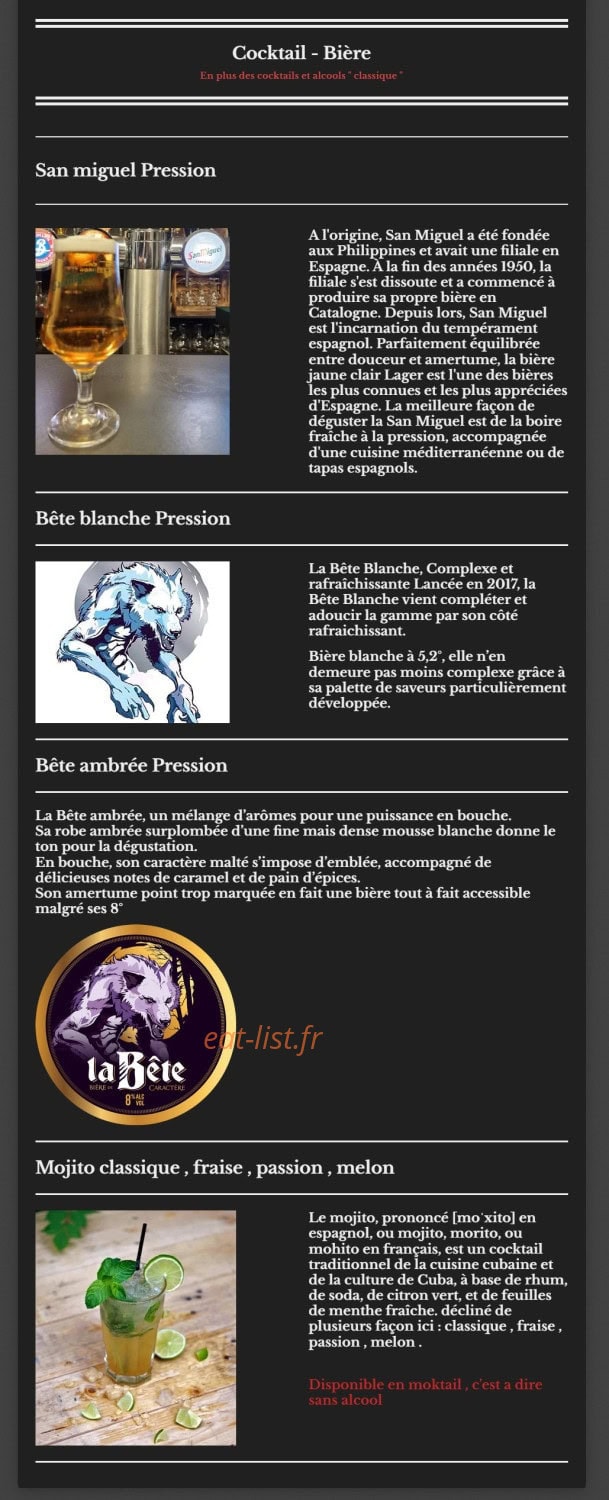 Carte et menu de L'Estrella Sous Salève à Collonges sur Saleve — Les cocktails et bières