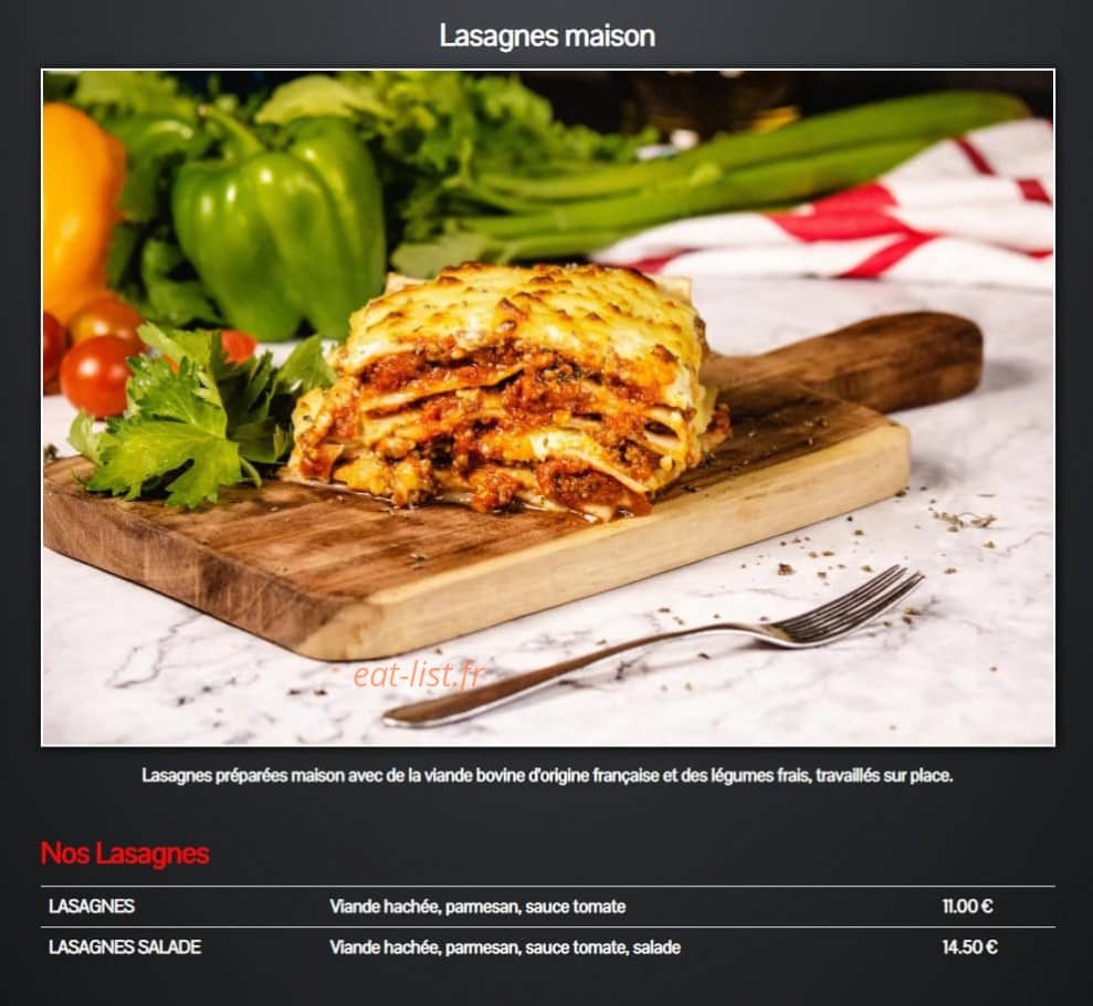 Carte et menu de Pizzeria de Collonges à Collonges sur Saleve — Les lasagnes maison