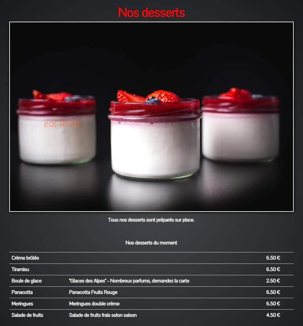 Carte et menu de Pizzeria de Collonges à Collonges sur Saleve — Les desserts